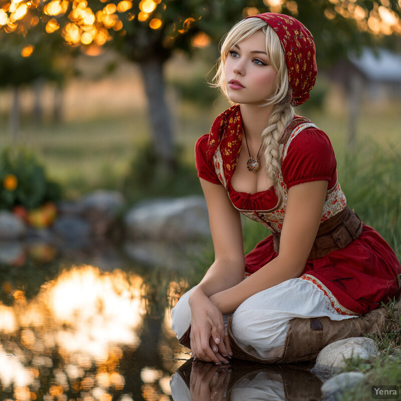 A person in traditional attire sits by a tranquil body of water, surrounded by a natural, idyllic setting, bathed in the golden light of sunset.