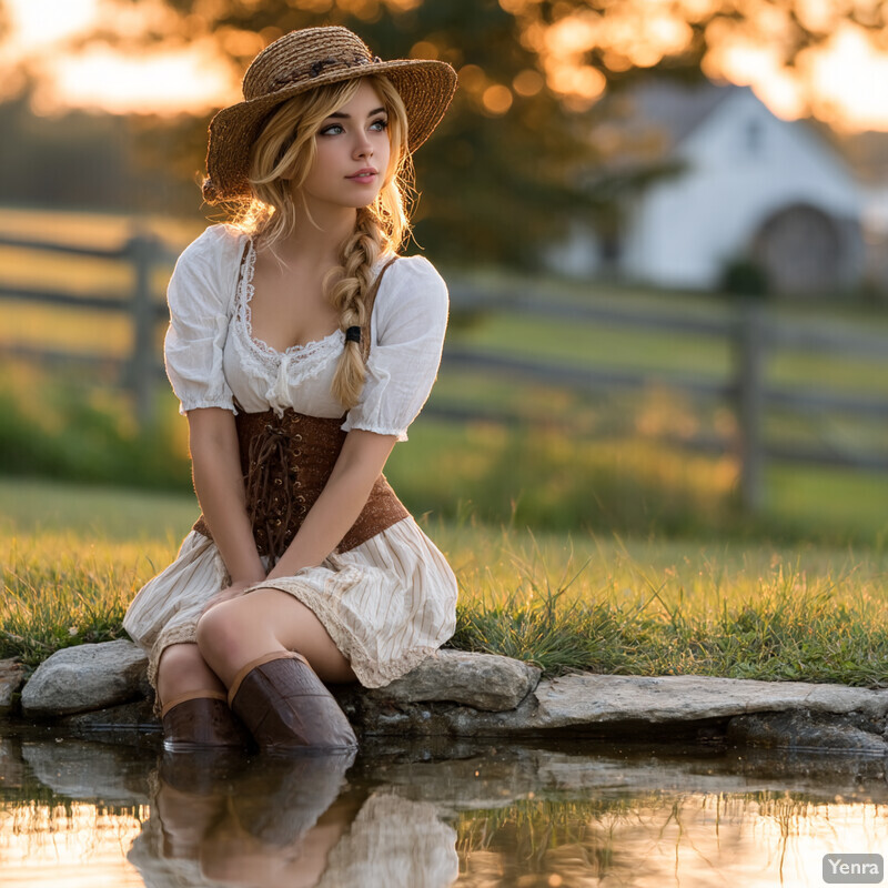 A woman in traditional attire is seated by a pond in a rural setting during sunset, creating a peaceful and picturesque scene.