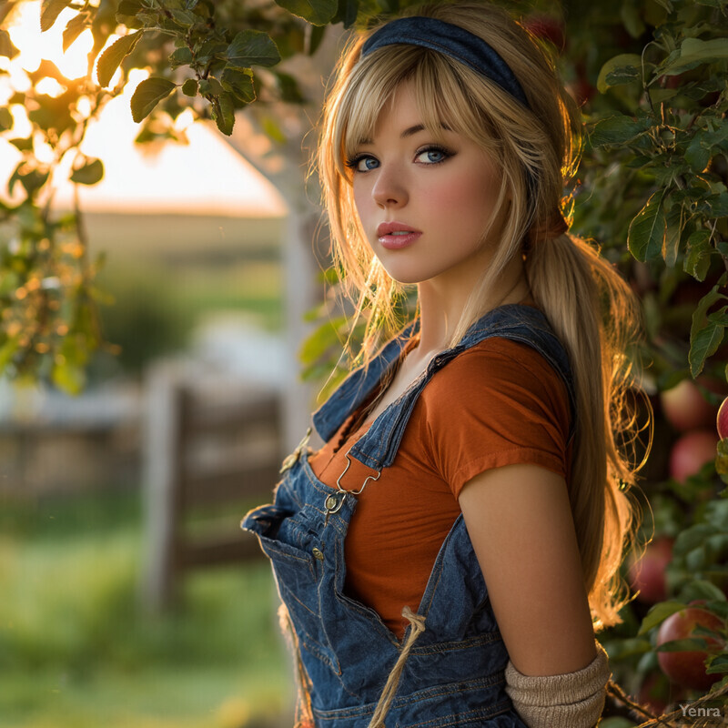 A person in a denim overall and orange shirt, standing in an apple orchard at sunset, exuding a sense of calm and natural beauty.