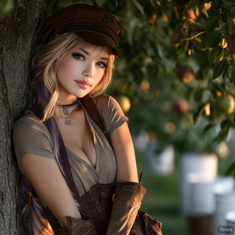 A person in a casual outfit leaning against a tree in a lush garden setting, bathed in soft, golden light.