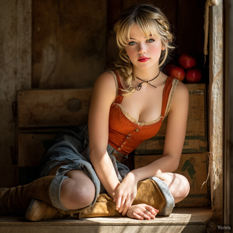 A woman in a rustic, sunlit setting, wearing a sleeveless top, denim pants, and cowboy boots, with a background of wooden crates and a window.
