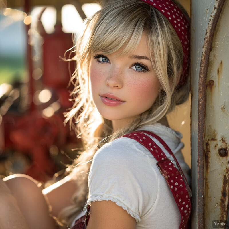 A serene outdoor portrait of a person in a rustic setting, with soft natural lighting and a focus on the subject's attire and the surrounding environment.