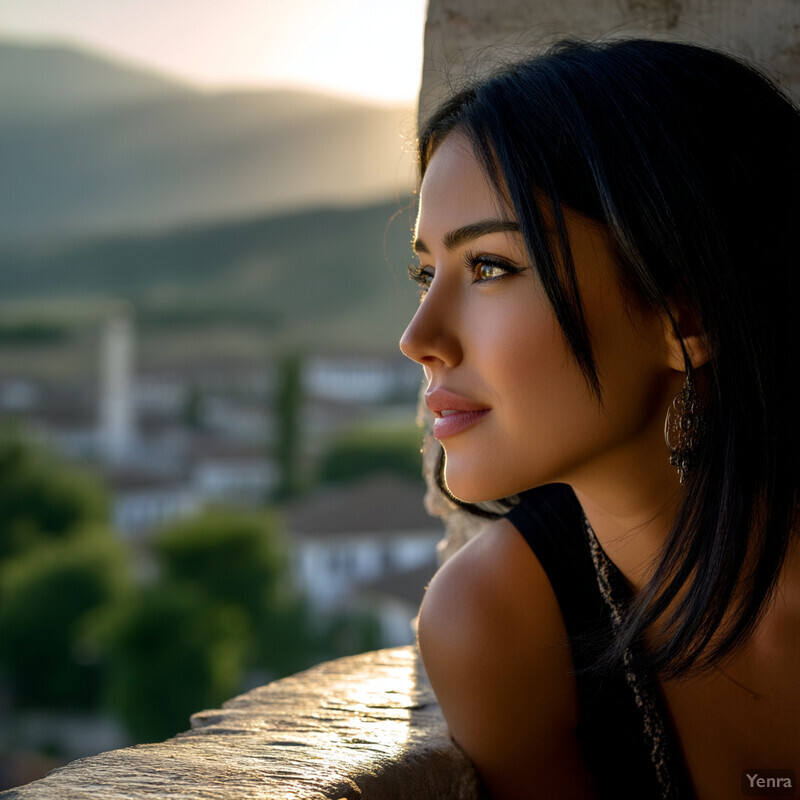 A young woman gazes out at a serene landscape