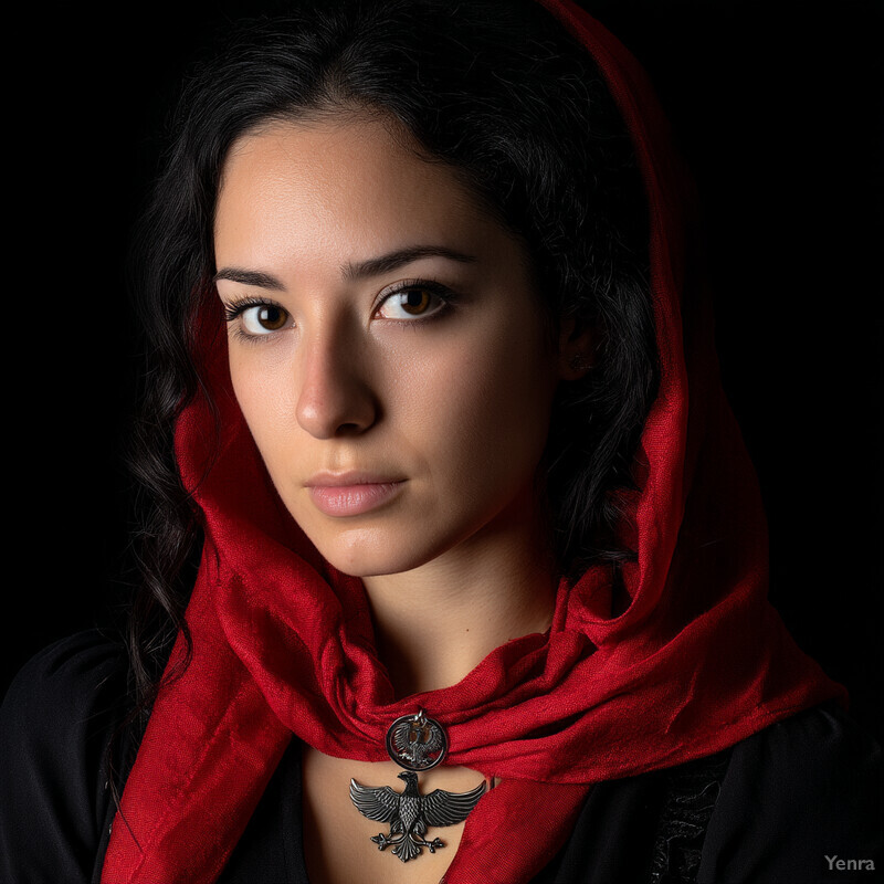 A young woman with dark hair gazes directly at the camera, wearing a red scarf with a metal clasp featuring two birds on top of each other, set against a solid black background.