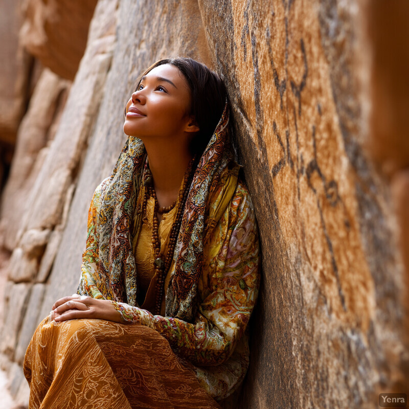 A woman sits against a rock wall, gazing upwards at something outside the frame.