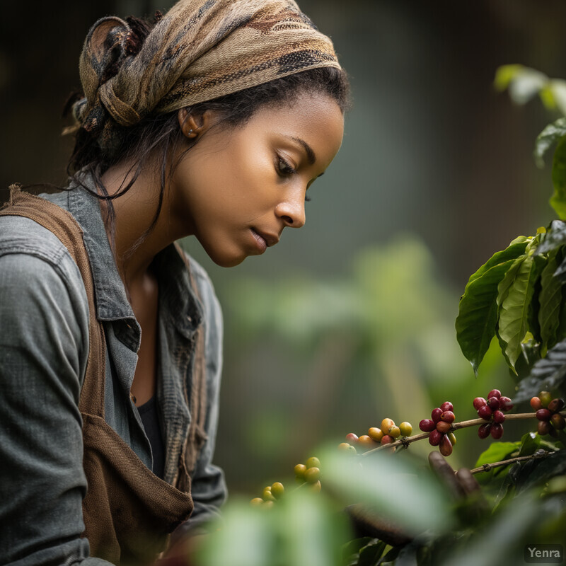 A woman stands amidst a lush coffee plantation, surrounded by rows of greenery and vibrant coffee plants.