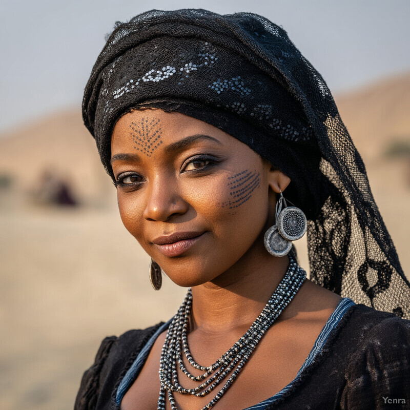 Portrait of a woman with dark skin, dressed in black and adorned with silver jewelry, set against a blurred outdoor background