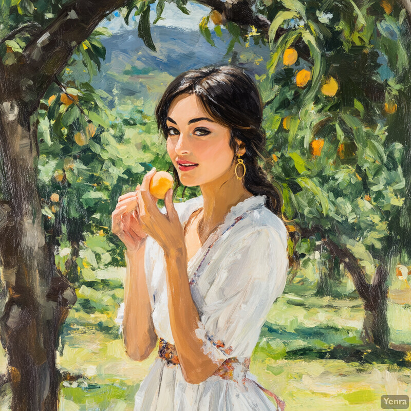 A young woman stands in an orchard, holding a lemon fruit, surrounded by lush greenery and vibrant colors.