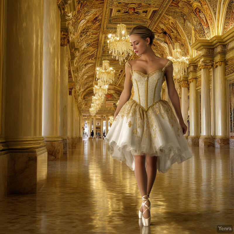 A young woman in a stunning white ballerina outfit poses confidently in front of an elegant wall with paintings and mirrors.