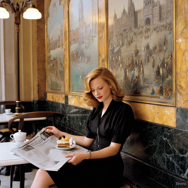 A woman enjoys a meal in a cafe or restaurant