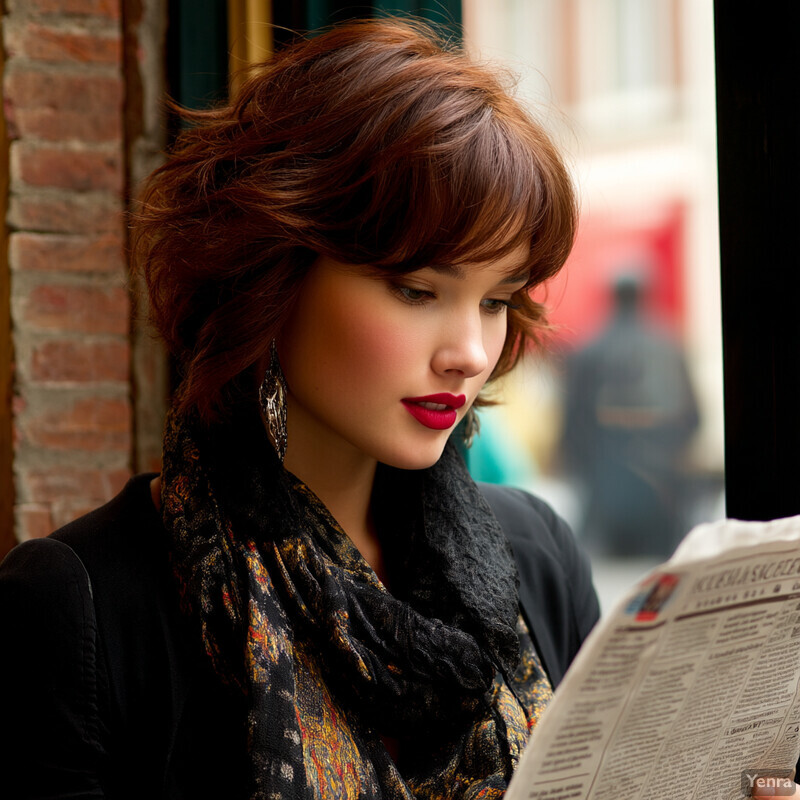 A woman with short, wavy red hair reads a newspaper on a city street.