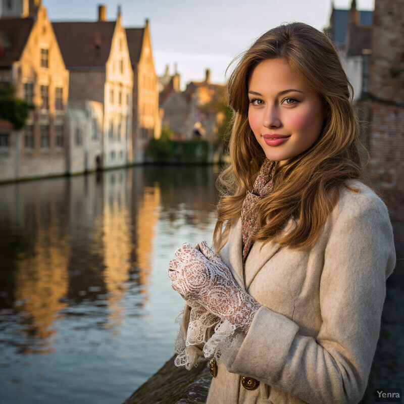 A young woman stands by a canal or river in a European city, possibly Bruges, Belgium