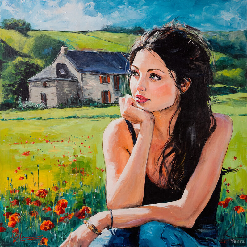 A young woman sits in a field of flowers on a sunny day.