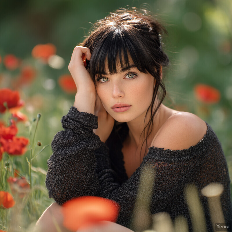 A young woman with fair skin and long dark hair sits in a field of wildflowers, wearing an off-the-shoulder sweater and looking contemplative.