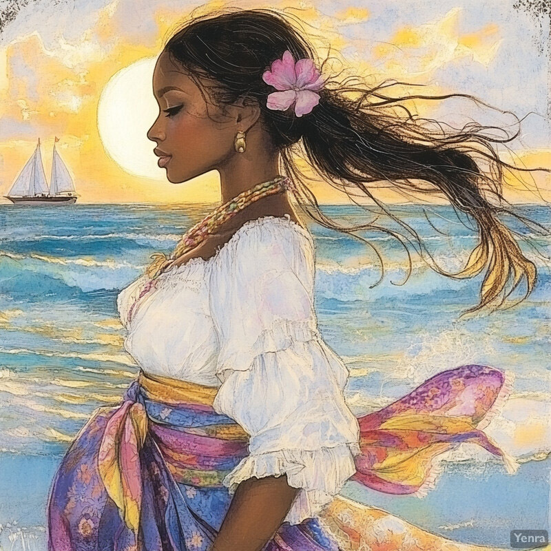 A woman stands on the beach at sunset, lost in thought as she gazes out at the ocean.