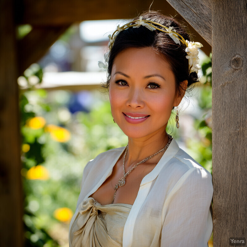 Portrait of a woman in front of a wooden structure