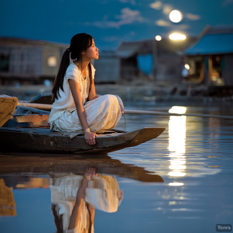 A woman sits in a wooden boat on a body of water at dusk or dawn, surrounded by a peaceful atmosphere.