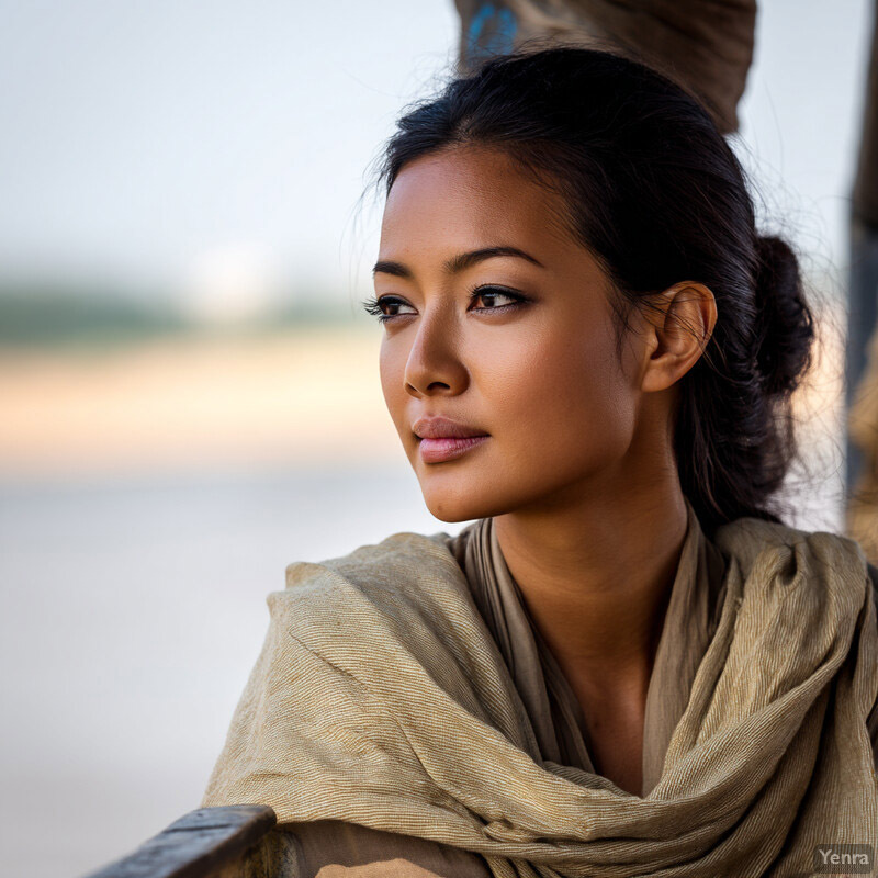 A woman sits in an outdoor setting, lost in thought.