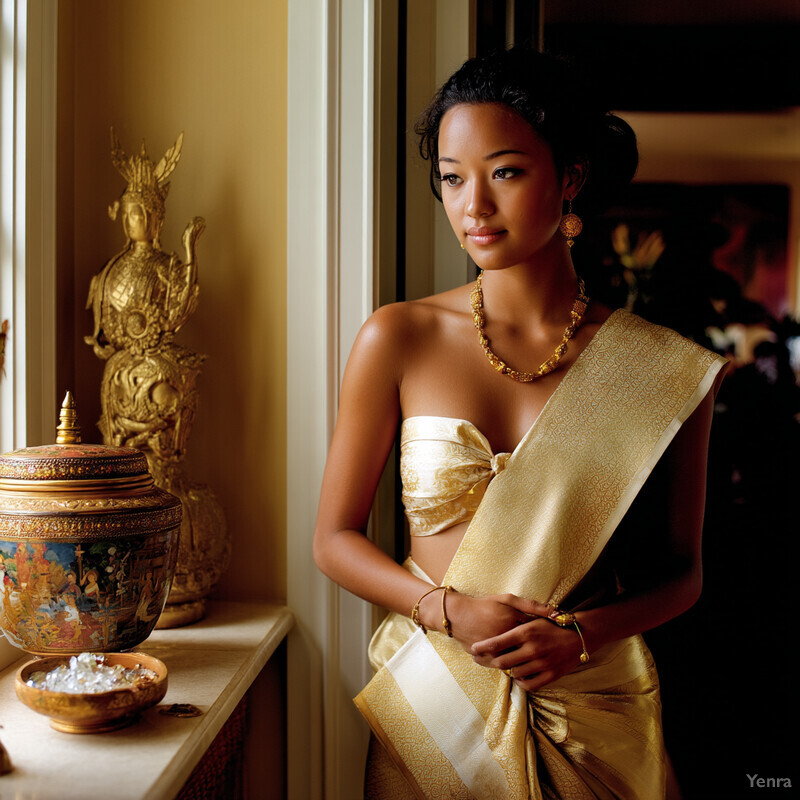 A woman in a traditional Indian sari stands in front of a window, surrounded by ornate objects and a warm golden background.