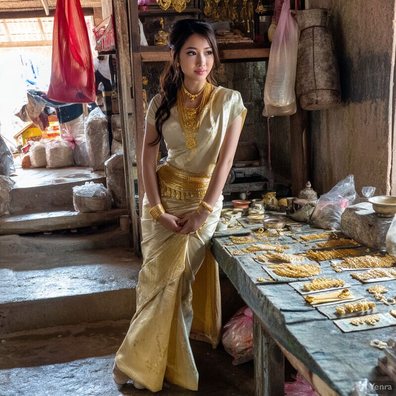 A woman in traditional Thai attire stands beside a table with gold jewelry