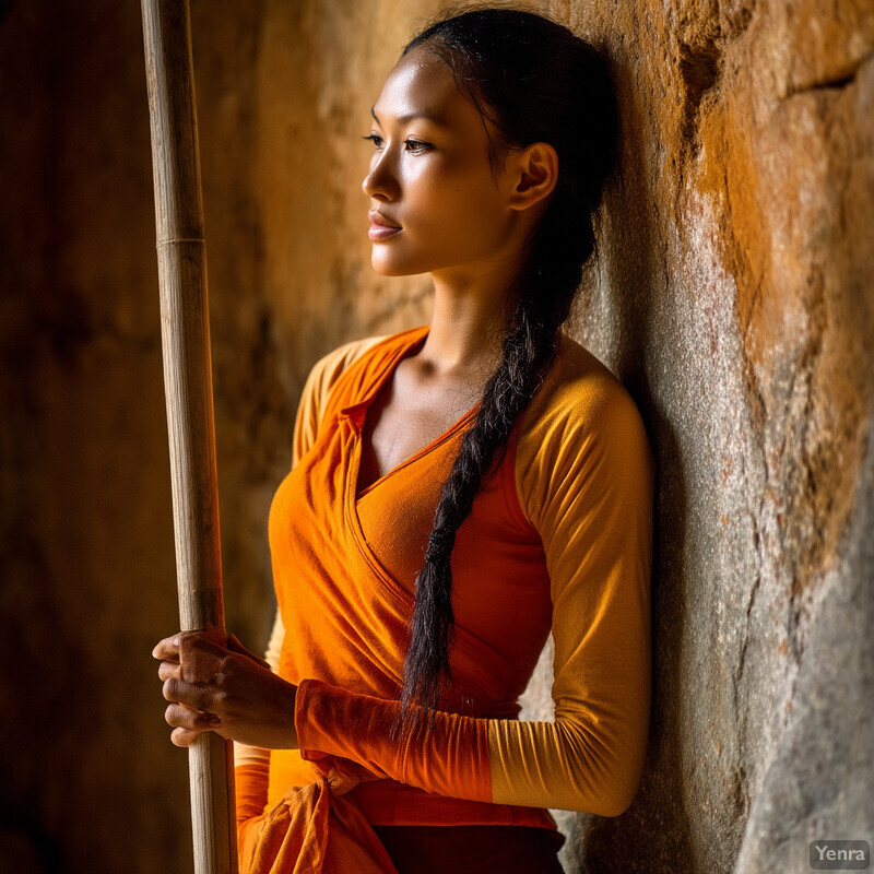 Woman leaning against a wall, wearing an orange top and red bandeau-style bra, exuding exoticism and mystery.