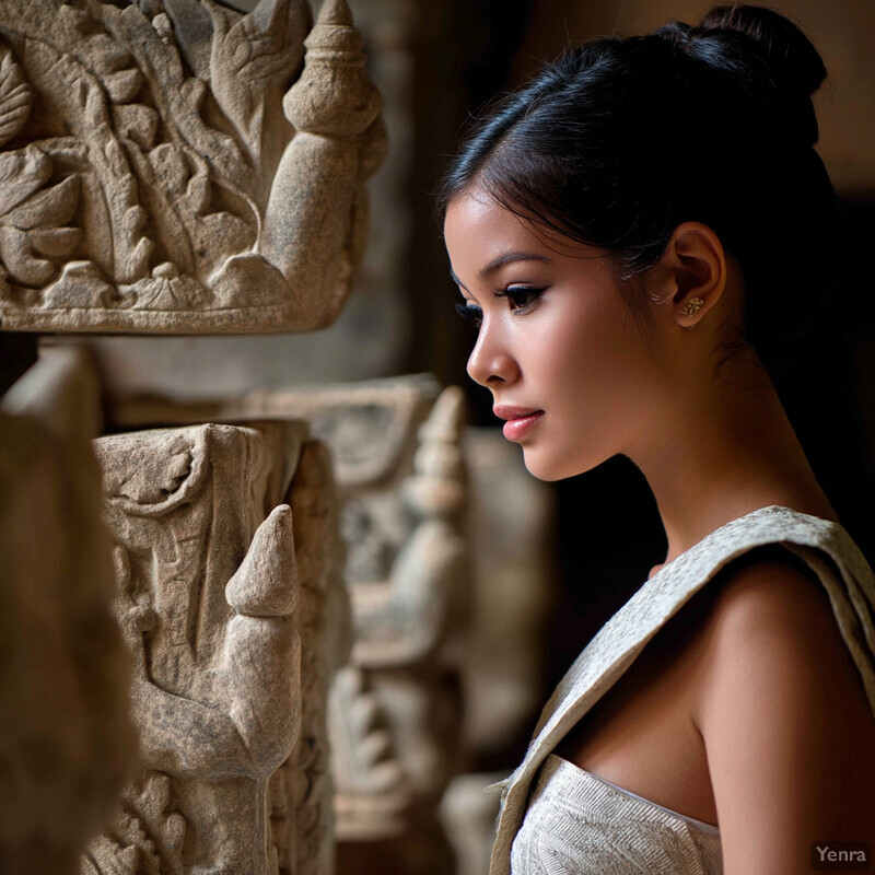 A young woman stands in front of an intricately carved stone wall, exuding elegance and poise.