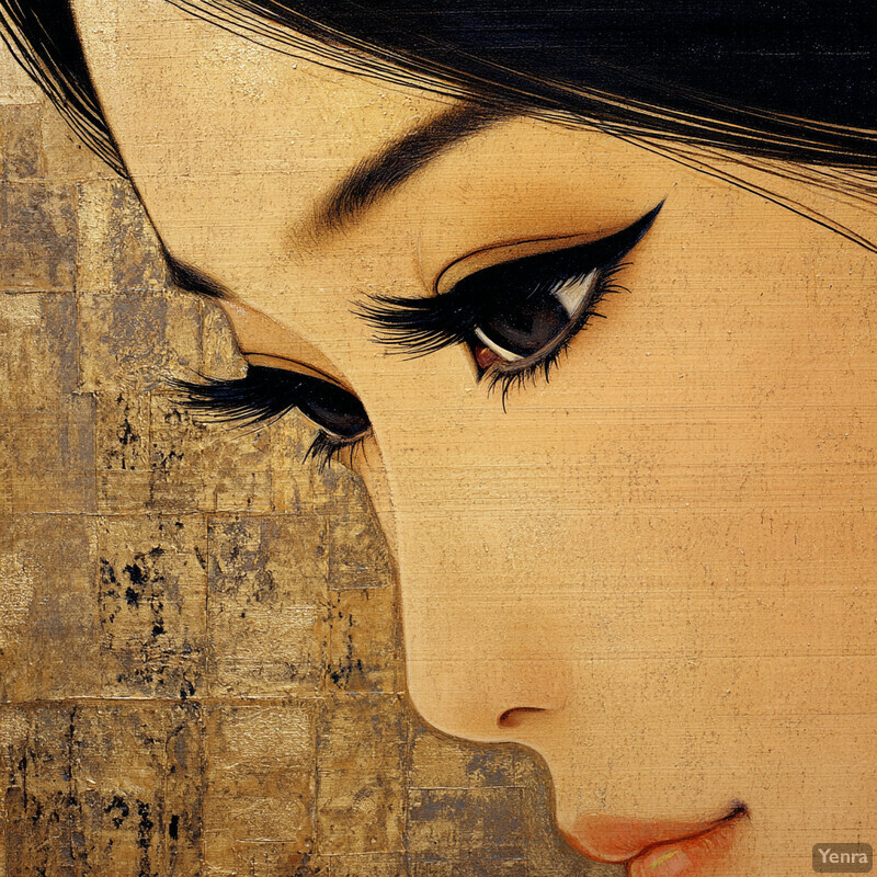 A close-up portrait of a woman's face, featuring heavy eyeliner and a light brown background with gold accents.