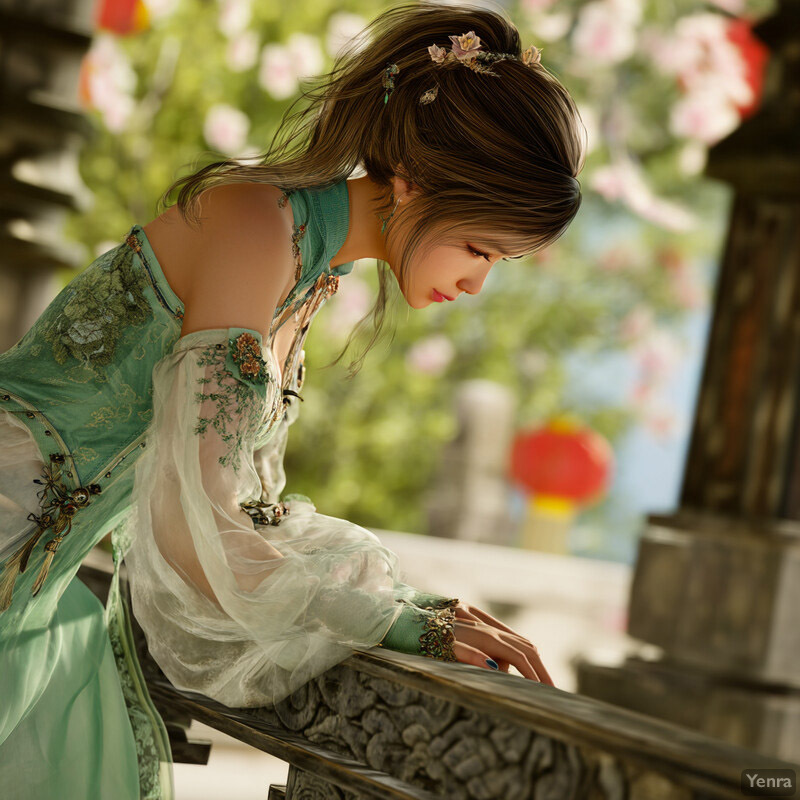 A woman in a teal dress leans over a carved wooden railing in a garden or park.