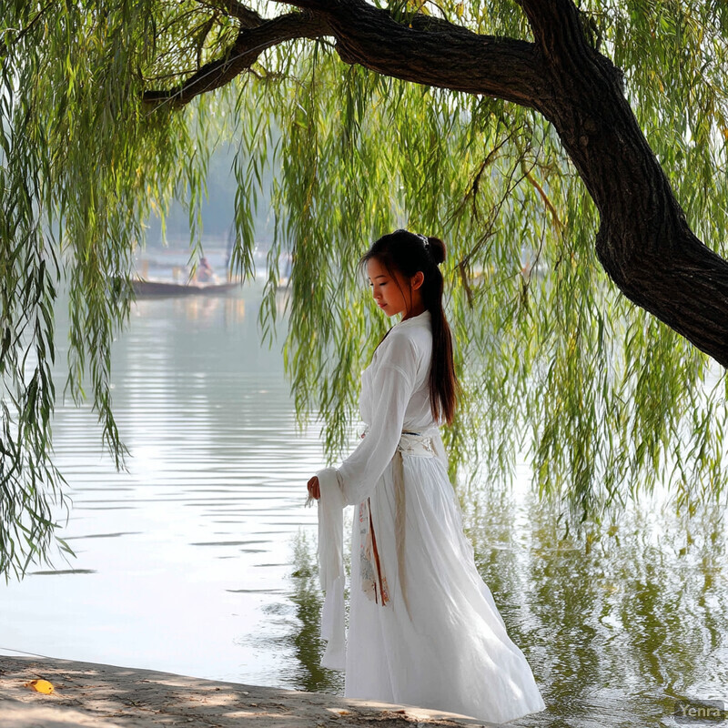 A young woman stands under a willow tree on a dock, gazing out at the water as if lost in thought.