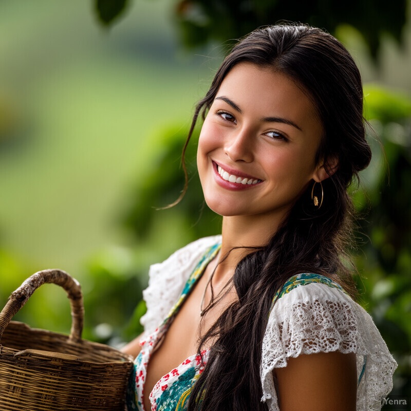 A woman stands in front of greenery, holding a wicker basket and smiling at the camera.