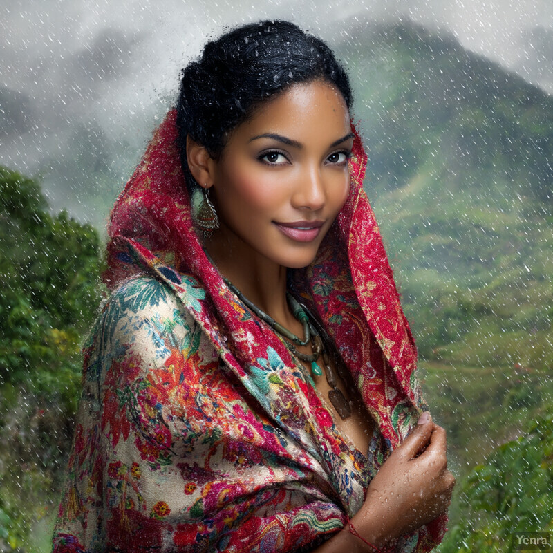 A woman stands in front of a lush green landscape, possibly on a mountain or hilltop, wearing traditional clothing and accessories.