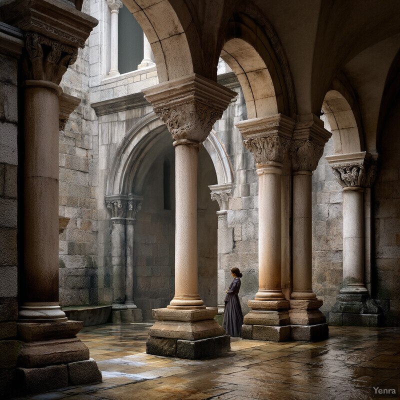 A woman stands in an arched corridor, lost in thought amidst the stone walls and grandeur.