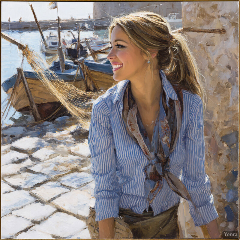 A woman stands by the harbor on a sunny day