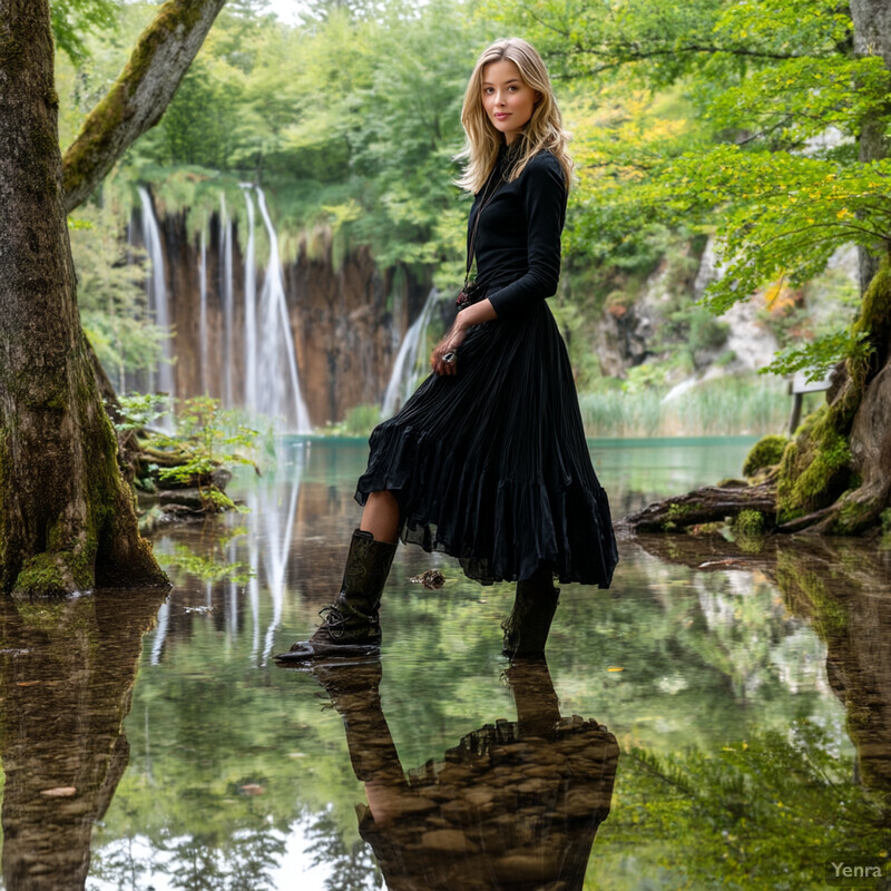 A woman in a black dress stands confidently in front of a natural background, showcasing her poise and elegance.