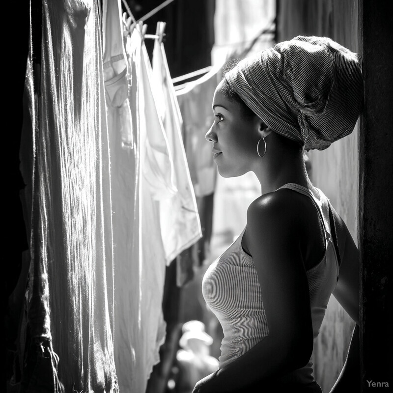 A woman stands in front of a clothing rack or drying line, looking down at something out of frame.