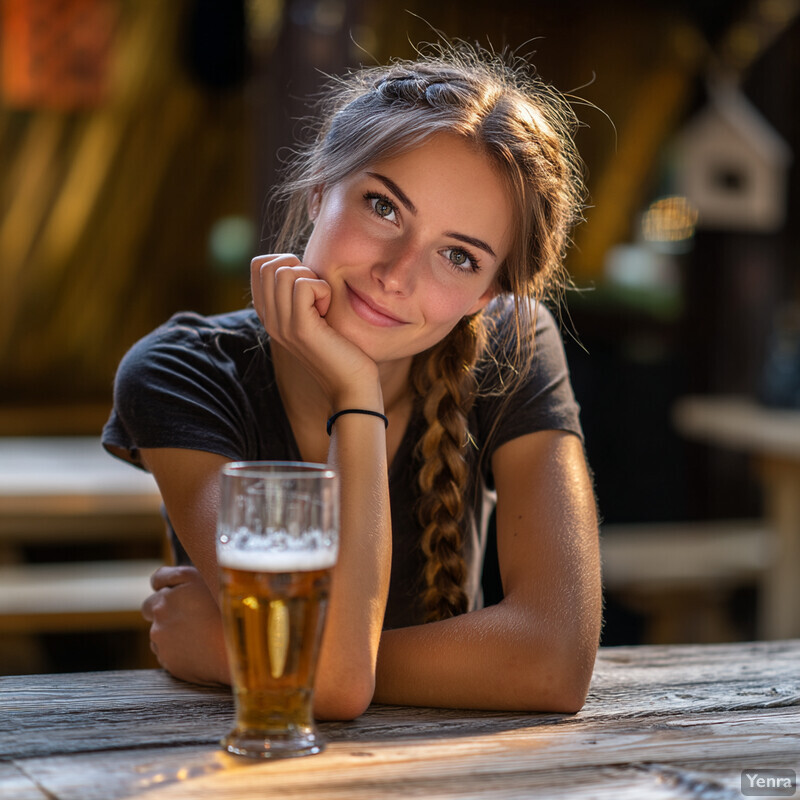 A young woman sits at a wooden table in an outdoor setting, gazing directly at the camera with her hand supporting her head. A glass of beer or another amber-colored liquid sits in front of her on the table.