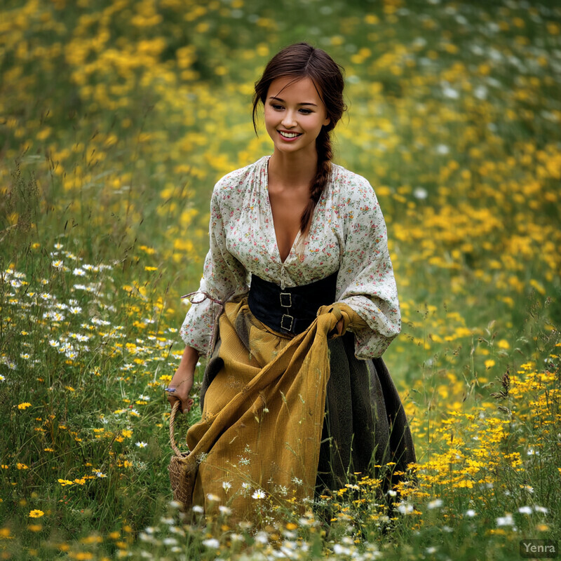 A young woman walks through a field of wildflowers, carrying a wicker basket and dressed in a white floral blouse and yellow skirt.