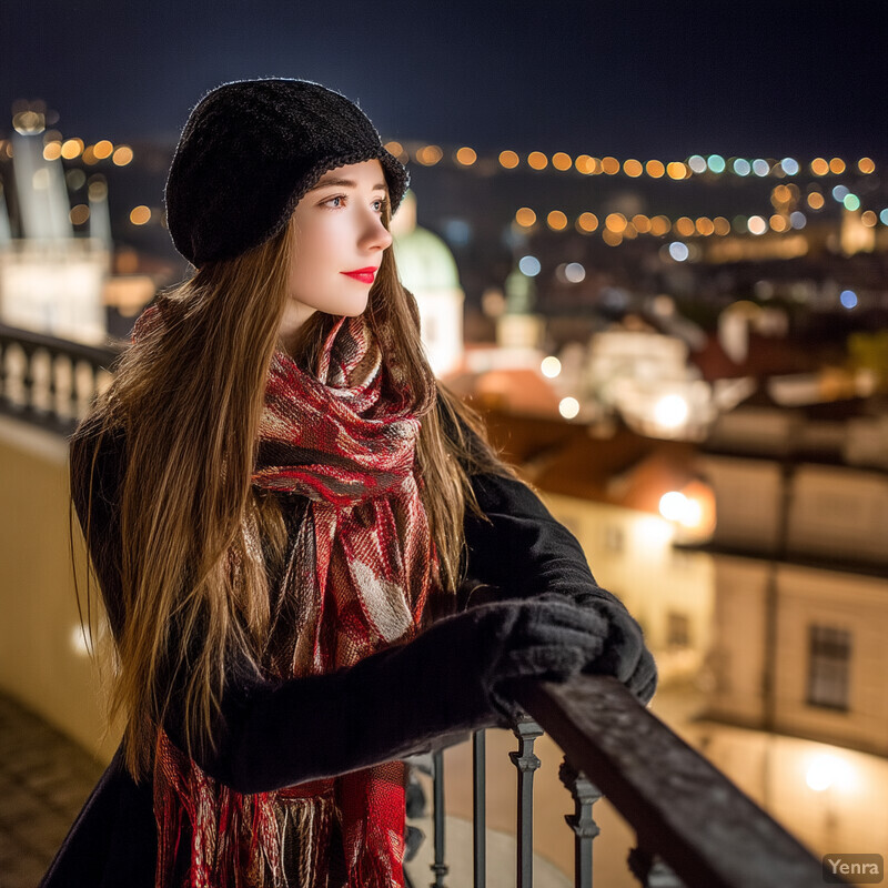 A woman stands atop a rooftop or balcony railing, gazing out at the cityscape.
