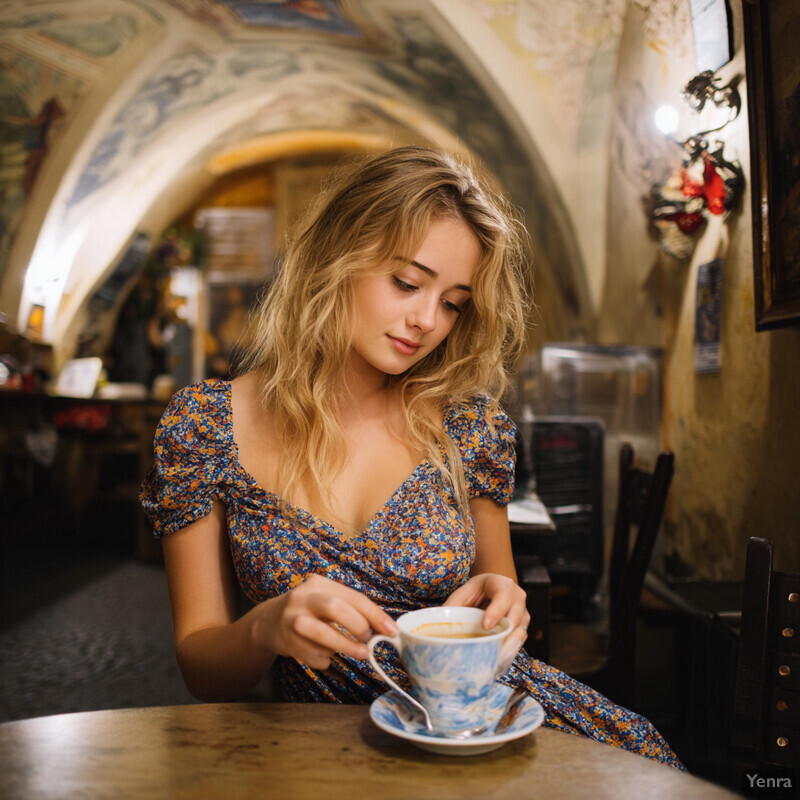 A young woman enjoys a cup of coffee at a table in what appears to be a café or restaurant.