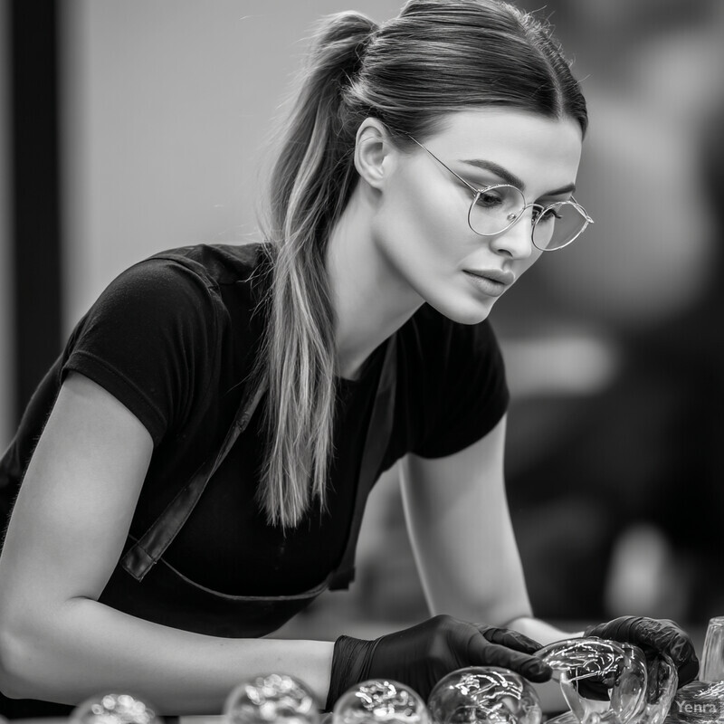 A woman works with transparent objects in a workshop or studio setting, highlighting her attention to detail and expertise.