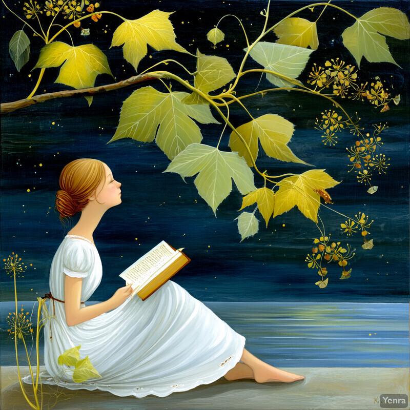 A young girl sits at a desk in a cozy room surrounded by books, focused on an open book with an image of a boy playing a flute.