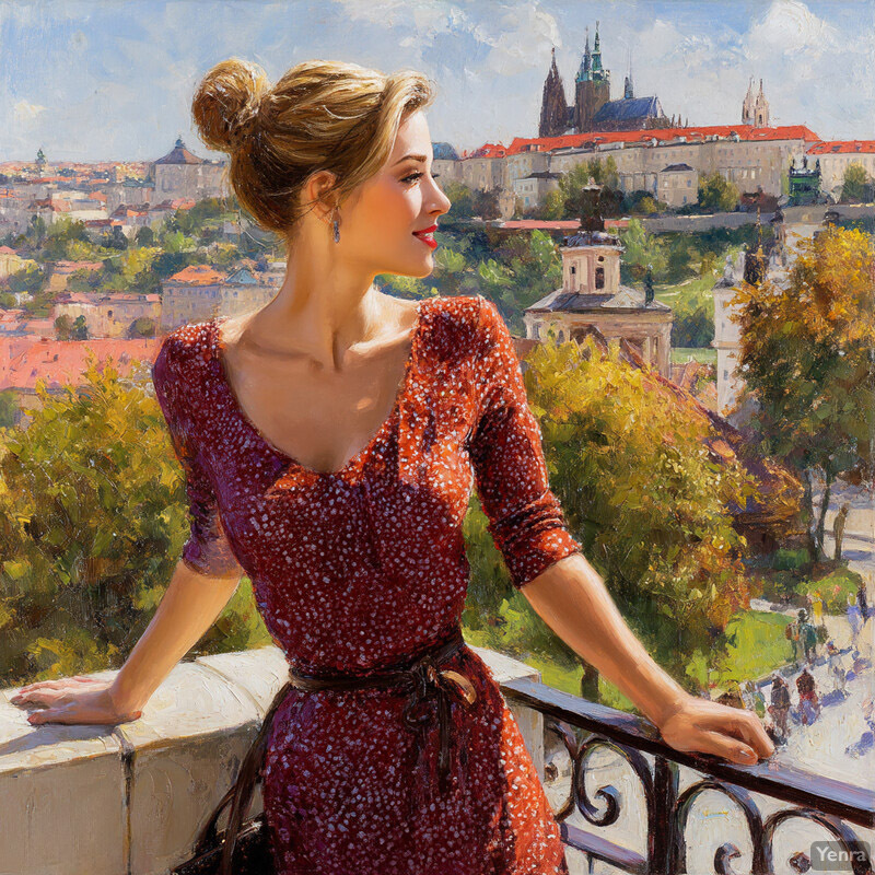 Woman standing on balcony gazing at cityscape