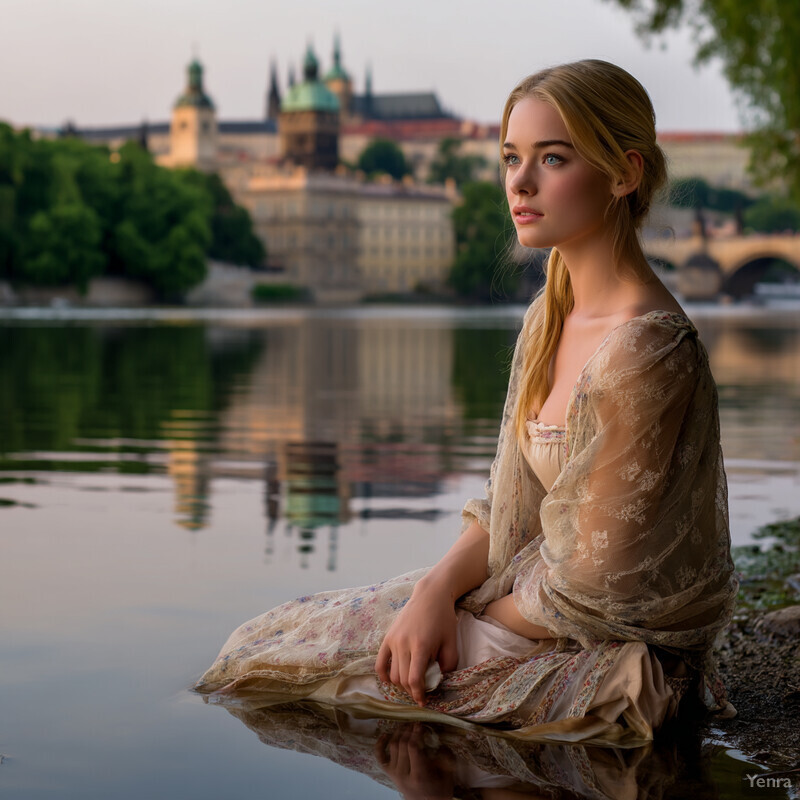A young woman sitting by a riverbank, gazing out at the water's edge.