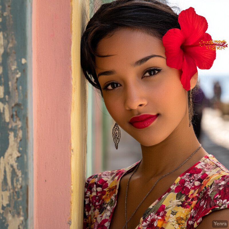 A young woman with dark hair and a red hibiscus flower tucked behind her ear smiles at the camera, wearing a floral blouse and dangling earrings.
