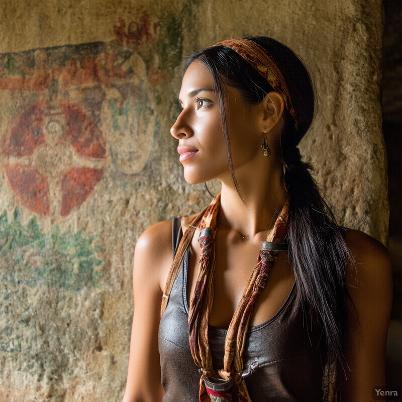 Young woman in earthy-toned clothing and patterned scarf gazing off into distance