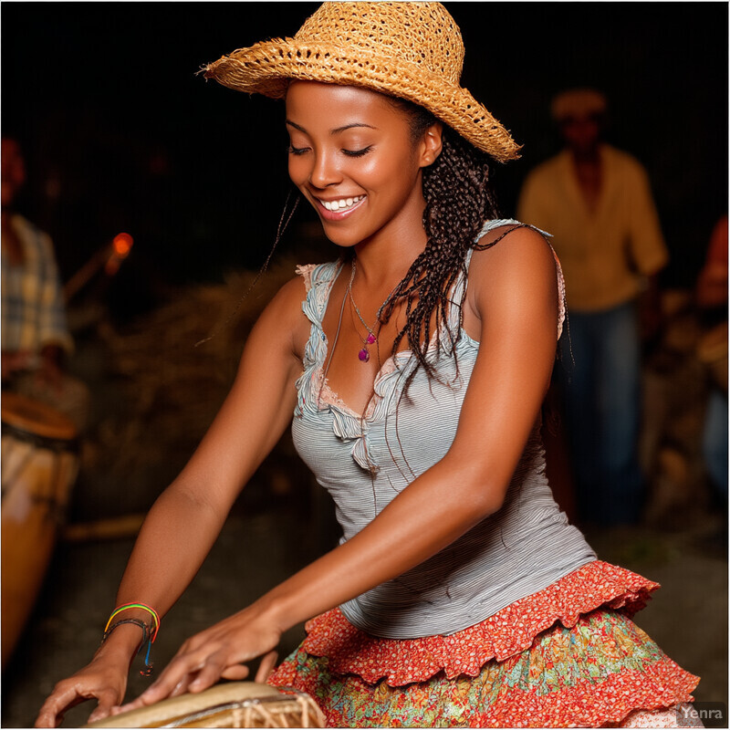 A woman wearing a straw hat and traditional clothing plays an instrument in a garden setting.