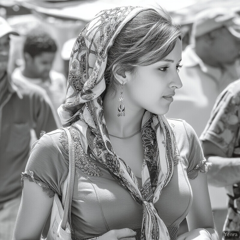 A woman with her hair styled in a bun gazes over her right shoulder towards the camera, wearing an intricate-patterned top and delicate necklace.
