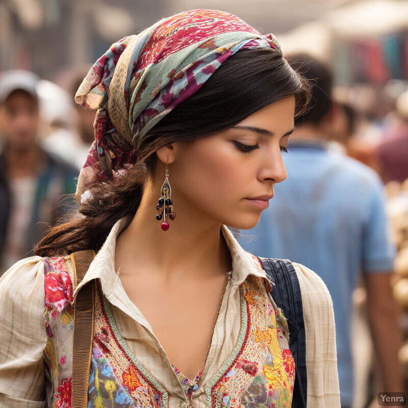 A young woman with dark hair and vibrant accessories stands in an urban setting, exuding confidence and self-expression.