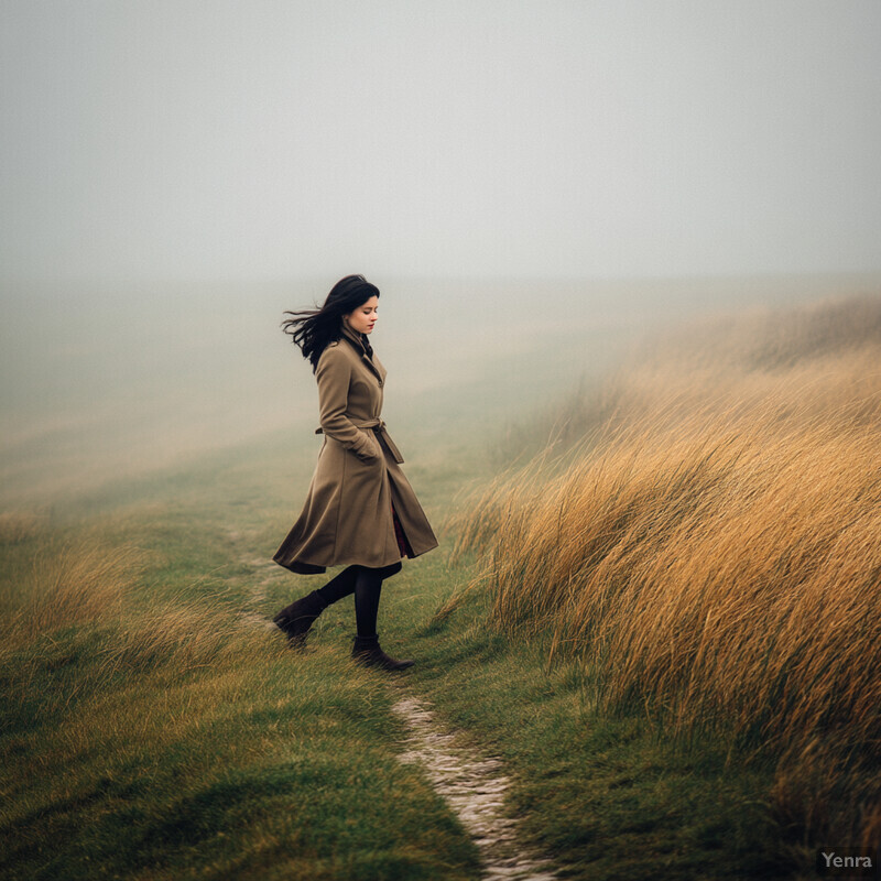 A woman walks down a narrow dirt path through a foggy open field