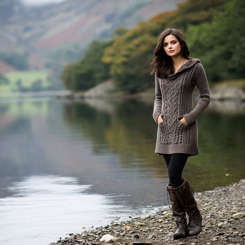 A woman stands on the shore of a lake or river, wearing a gray knit sweater dress and black leggings, with her hands tucked into her pockets and her head turned to face the camera.